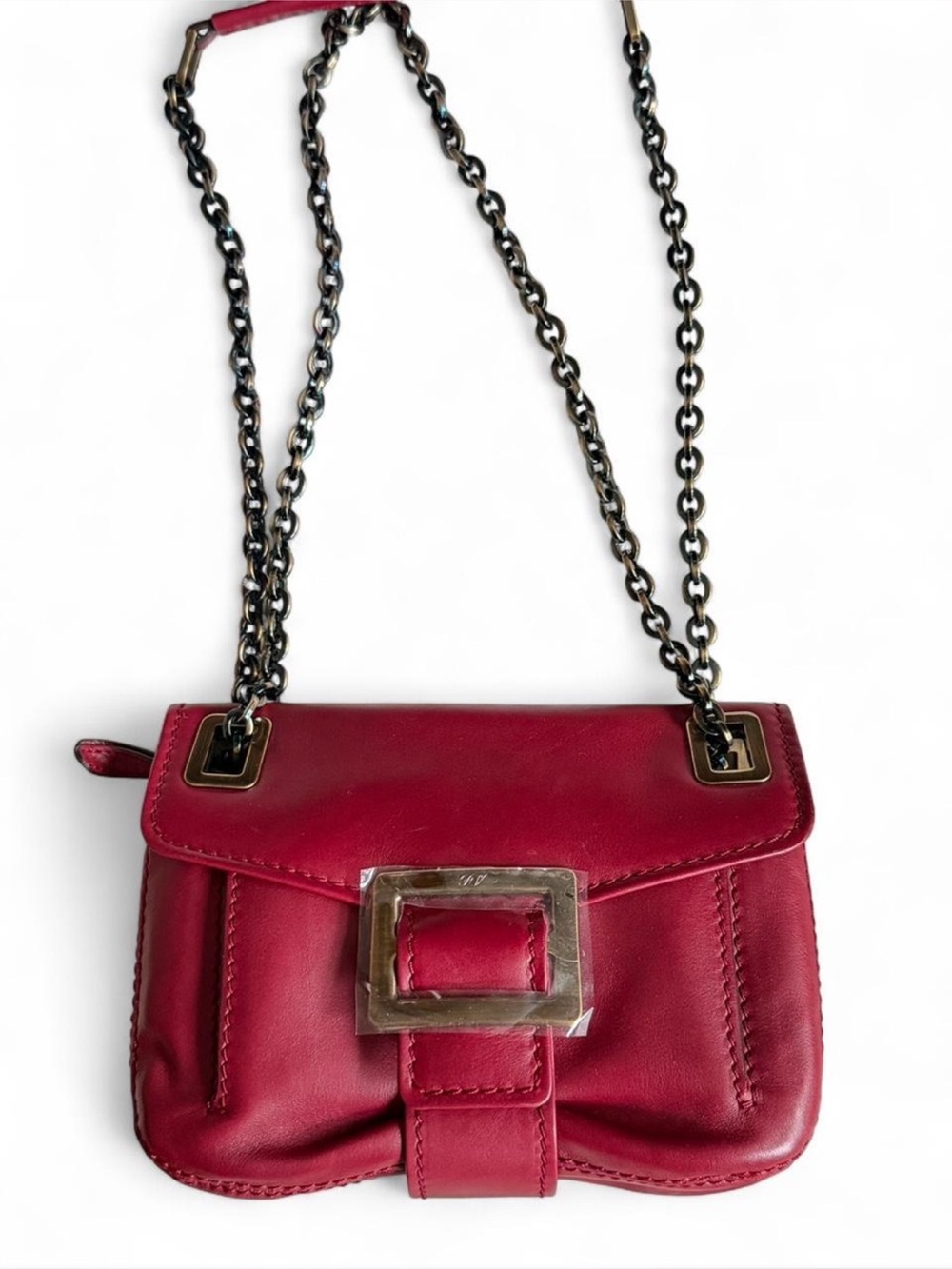 Roger Vivier Metro Shoulder Bag Burgundy Red Leather Chain Crossbody Rare